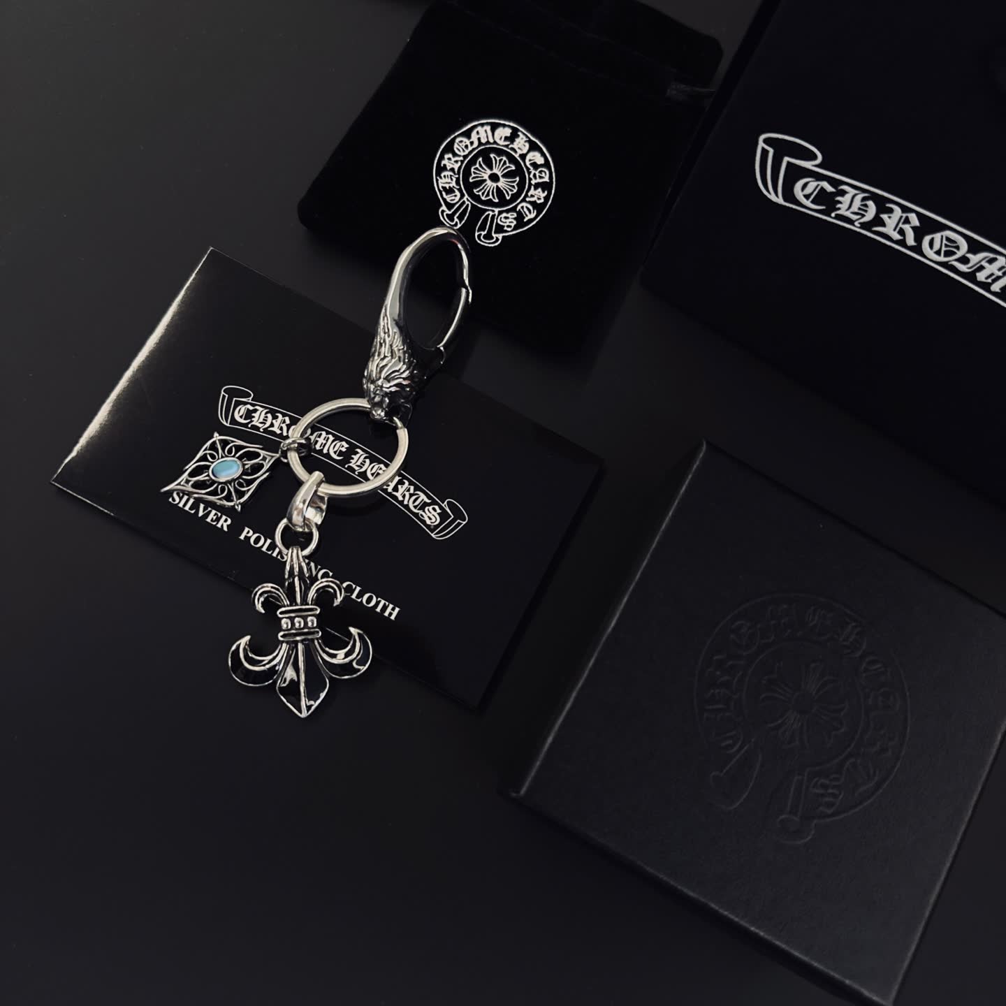 Chrome Hearts Silver Keychain with Fleur-de-lis and Gemstone